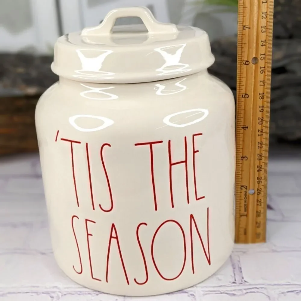 Rae Dunn TIS THE SEASON Ceramic Cookie Jar Canister with Red Lettering